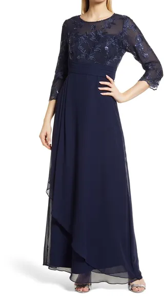 Sequin Embroidered Bodice Empire Waist Gown