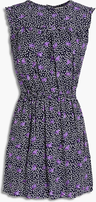 Shirred floral-print crepe mini dress