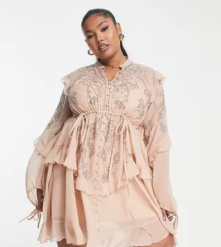 ASOS DESIGN Curve floral embellished ruffle detail mini dress with button front in blush