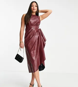 ASOS DESIGN Tall high neck PU midi dress with tuck detail skirt