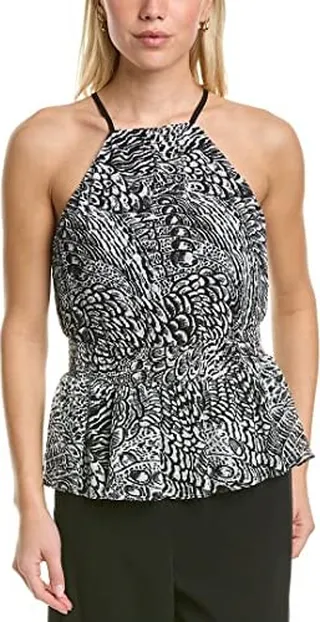 BCBGMAXAZRIA Women's Sleeveless Top Halter Neck Peplum Smocked Waist Shirt
