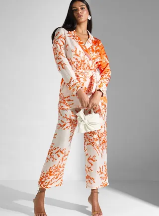 Floral Print Surplice Tie Detail Pant Set