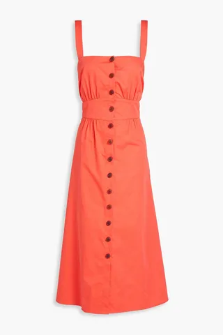 Open-back gathered cotton-poplin midi dress