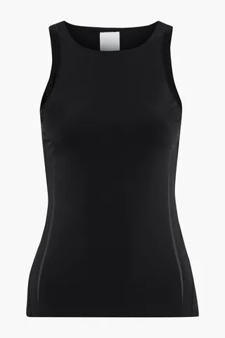 Mesh-paneled appliquéd stretch tank