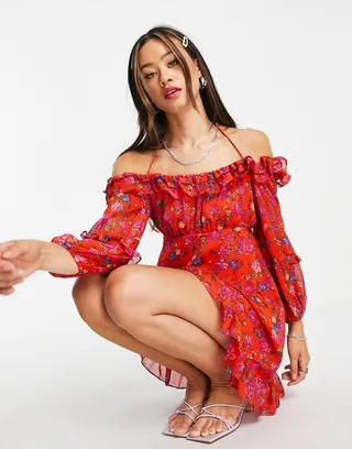 Topshop red floral bardot mini dress