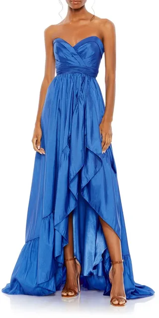 Ruffle Asymmetric High-Low Strapless Gown