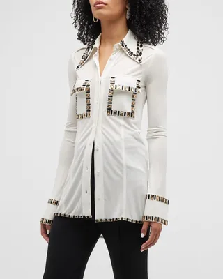 Stone-Embroidered Jersey Button Down Shirt