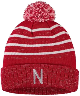 Women's Scarlet Nebraska Huskers Shimmering Cuffed Knit Hat with Pom
