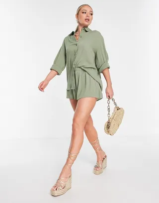 ASOS DESIGN crinkle beach shirt in khaki - part of a set