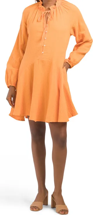 Long Raglan Sleeve Tie Neck Button Front Flared Mini Dress