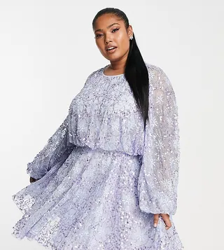 ASOS EDITION Curve waisted blouson sleeve floral embellished mini dress in lilac