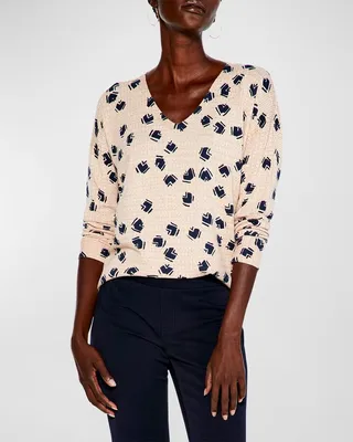 Mosaic Blues Abstract-Print V-Neck Sweater