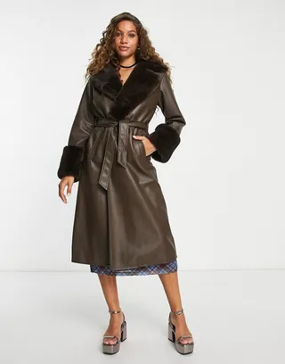 Reclaimed Vintage longline leather look trench with detachable faux fur collar in chocolate