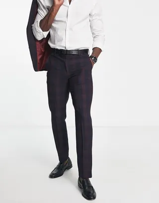 ASOS DESIGN slim suit pants in burgundy blackwatch tartan plaid