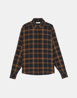 Petite Fine Plaid Crepe Drop Shoulder Button Front Blouse
