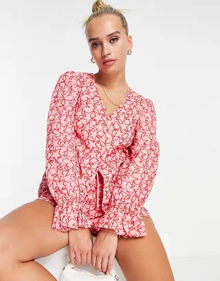 Never Fully Dressed balloon sleeve embroidered blouse in pink star - part of a set