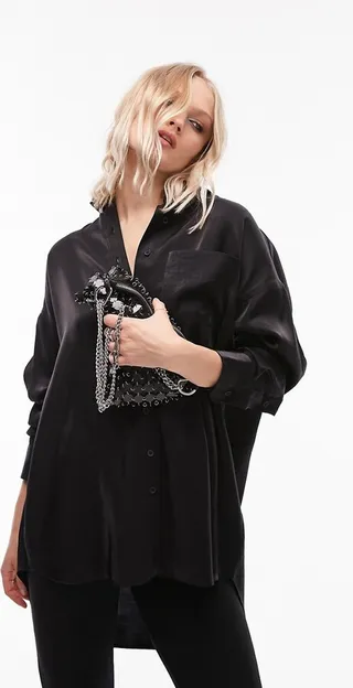 Topshop premium oversized liquid fabric shirt in black
