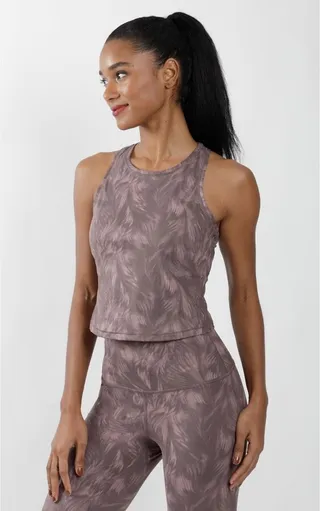 90 Degree By Reflex Air Lux Feather Palm Tree Print Racerback Cropped Tank Top - Mauve Taupe - X Large