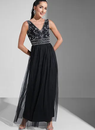 Hadia Ghaleb Embellished Bodice Mesh Dress