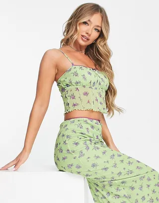 ASOS DESIGN mesh cami with ruched bust in green floral - part of a set