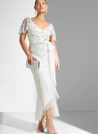 Embellished Surplice Neck Belted Dress