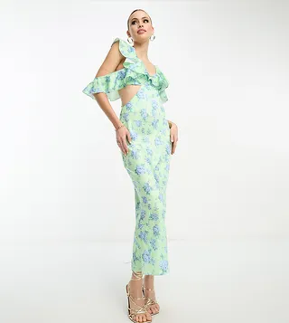 ASOS DESIGN Tall satin midaxi dress with multi flutter sleeves in lime floral print