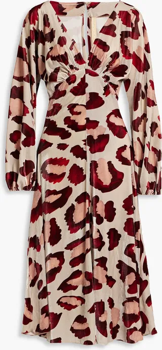 Perilla gathered leopard-print velvet midi dress