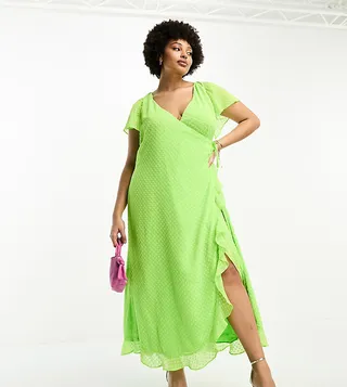 ASOS DESIGN Curve frill detail wrap maxi dress in bright lime texture