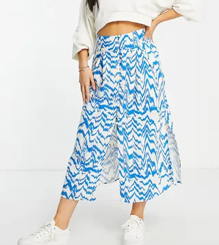ASOS DESIGN Petite button through midi skirt with split in blue and white zebra print