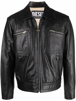 Multi-Pocket Zip-Up Leather Jacket