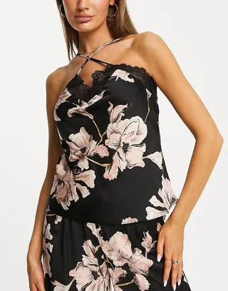 Hunkemoller lace trim bloom print satin cami in black