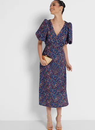 V - Neck Puff Sleeve Printed Dress