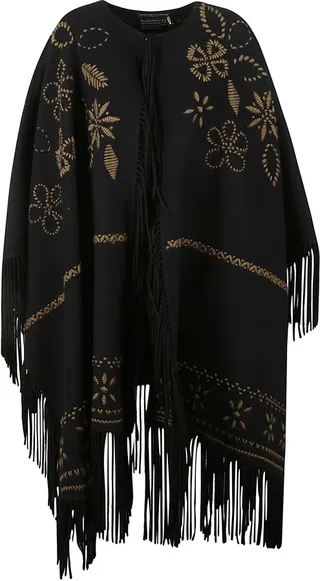 Fringe Trim Embroidered Detail Cape