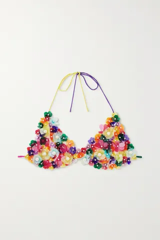 Ashish - Embellished Sequined Georgette Halterneck Bikini Top - Blue