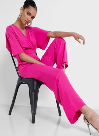 V - Neck Tie Detail High Waist Jumpsuit