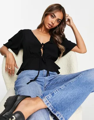 ASOS DESIGN angel sleeve with double tie front tea blouse with peplum hem in black