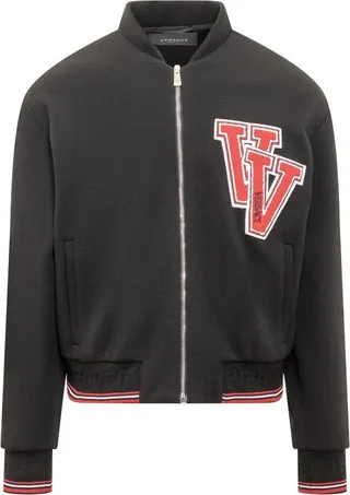 Versace Logo Patch Zip-Up Bomber Jacket