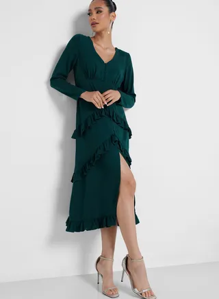 V - Neck Button Detail Floral Dress