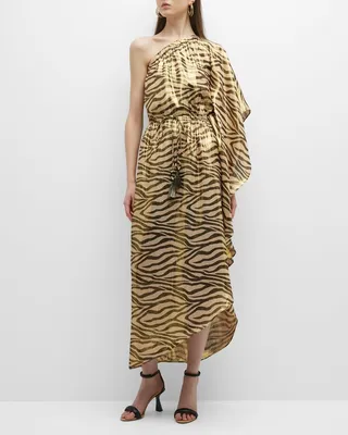 Maisie Zebra-Print Metallic One-Shoulder Maxi Dress