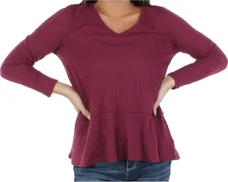 Womens Waffle Peplum V-Neck Sweater