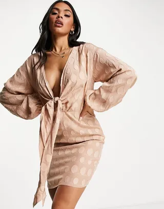 ASOS DESIGN plunge knot front mini dress in jacquard spot