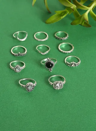 Pack of 11 Silver Plated Designer Stone Ring