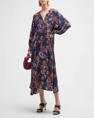 Athena Floral-Print Blouson-Sleeve Midi Dress