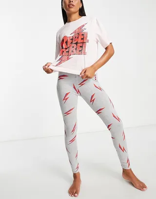 ASOS DESIGN Bowie oversized tee & legging pajama set in pink & gray