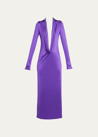 Draped Plunge Long Cocktail Dress