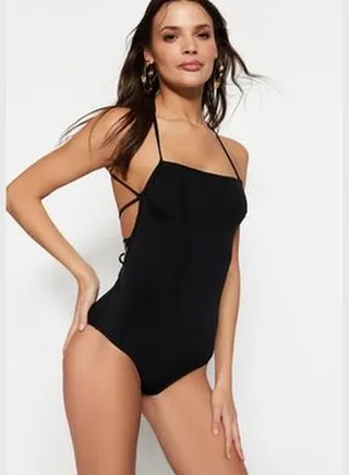 Black Square Collar, Low-Cut Swimsuit TBESS21MA0295