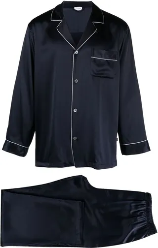 Blue Piped Trim Silk Pyjama Set