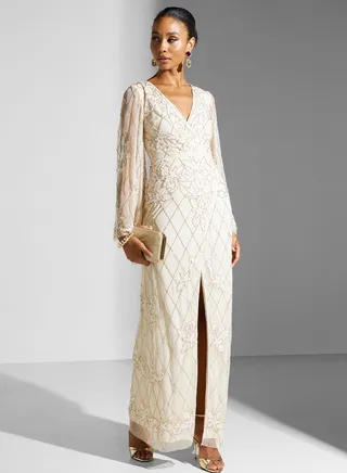 Wrap Neck Front Slit Dress