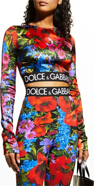 Floral Long-Sleeve Branded Crop Top