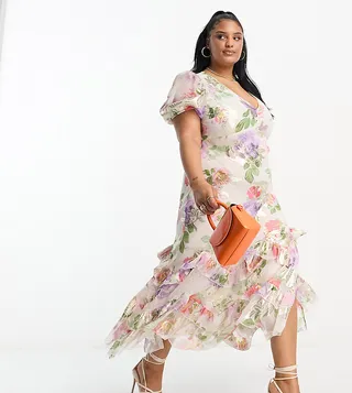 ASOS DESIGN Curve ruffle frill hem maxi dress in lurex rose print